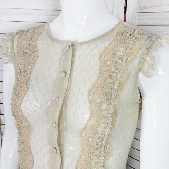 Vintage Express Sheer Lace Mesh Ruffle Coquette Top Blouse Ivory XS Y2K Western - Picture 5 of 12